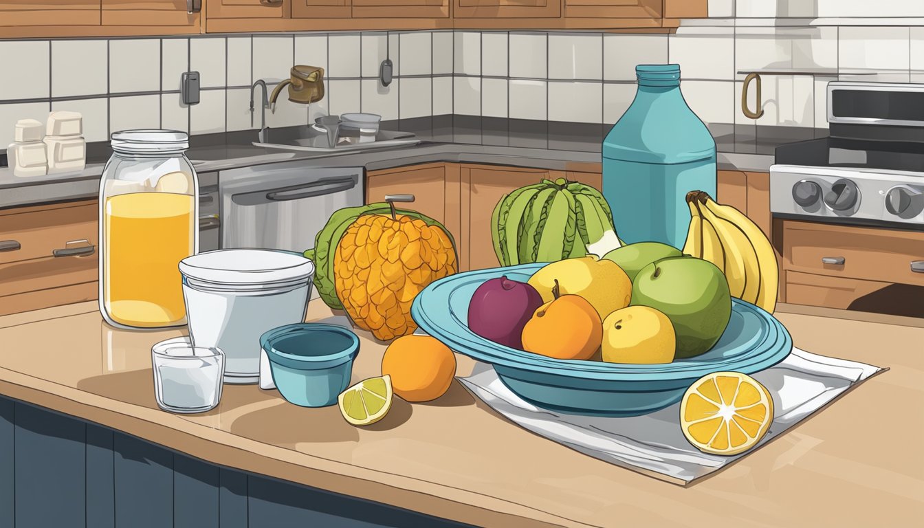 A kitchen counter with various food items and a jar of sugar next to a bowl of fruit