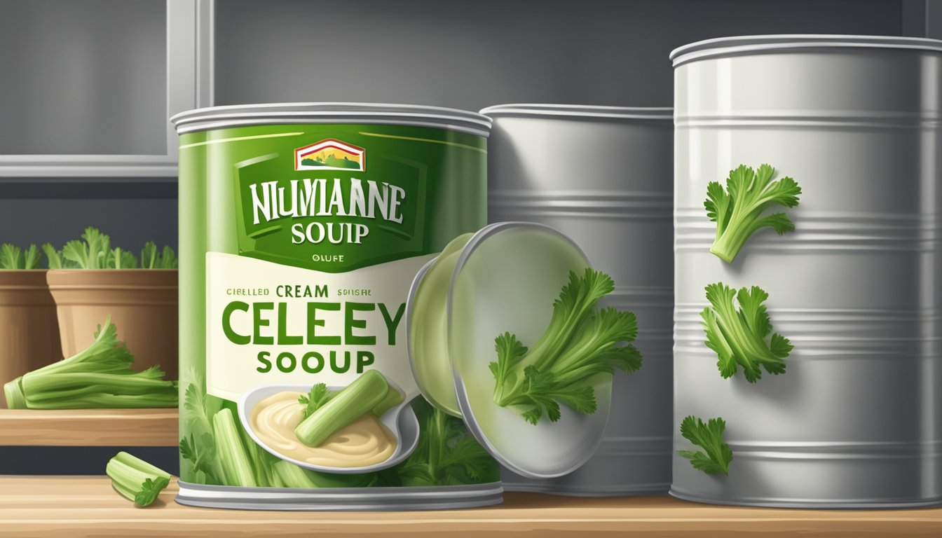 An open can of expired cream of celery soup with mold growing inside, sitting on a dusty pantry shelf