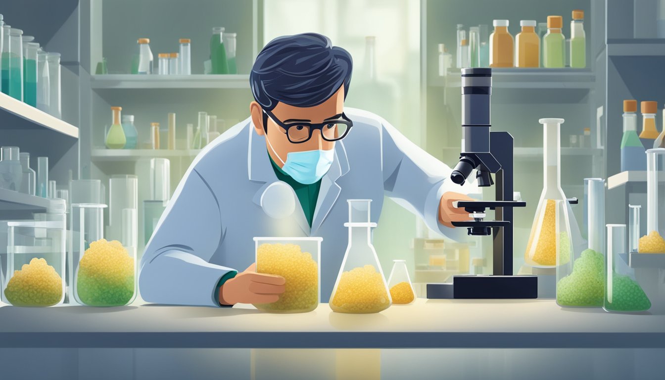 A scientist examines a vial of fresh yeast under a microscope, conducting viability tests in a laboratory setting