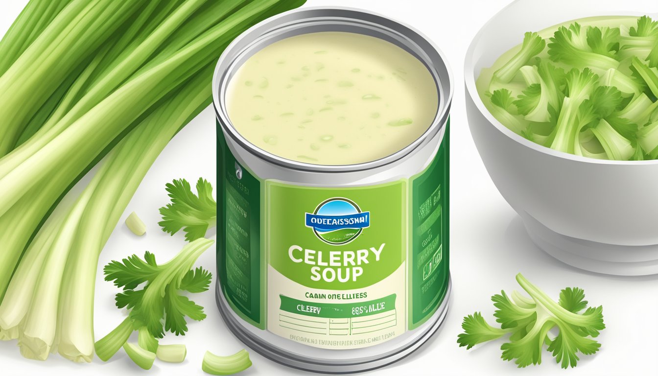 A can of cream of celery soup surrounded by celery stalks and a nutrition label