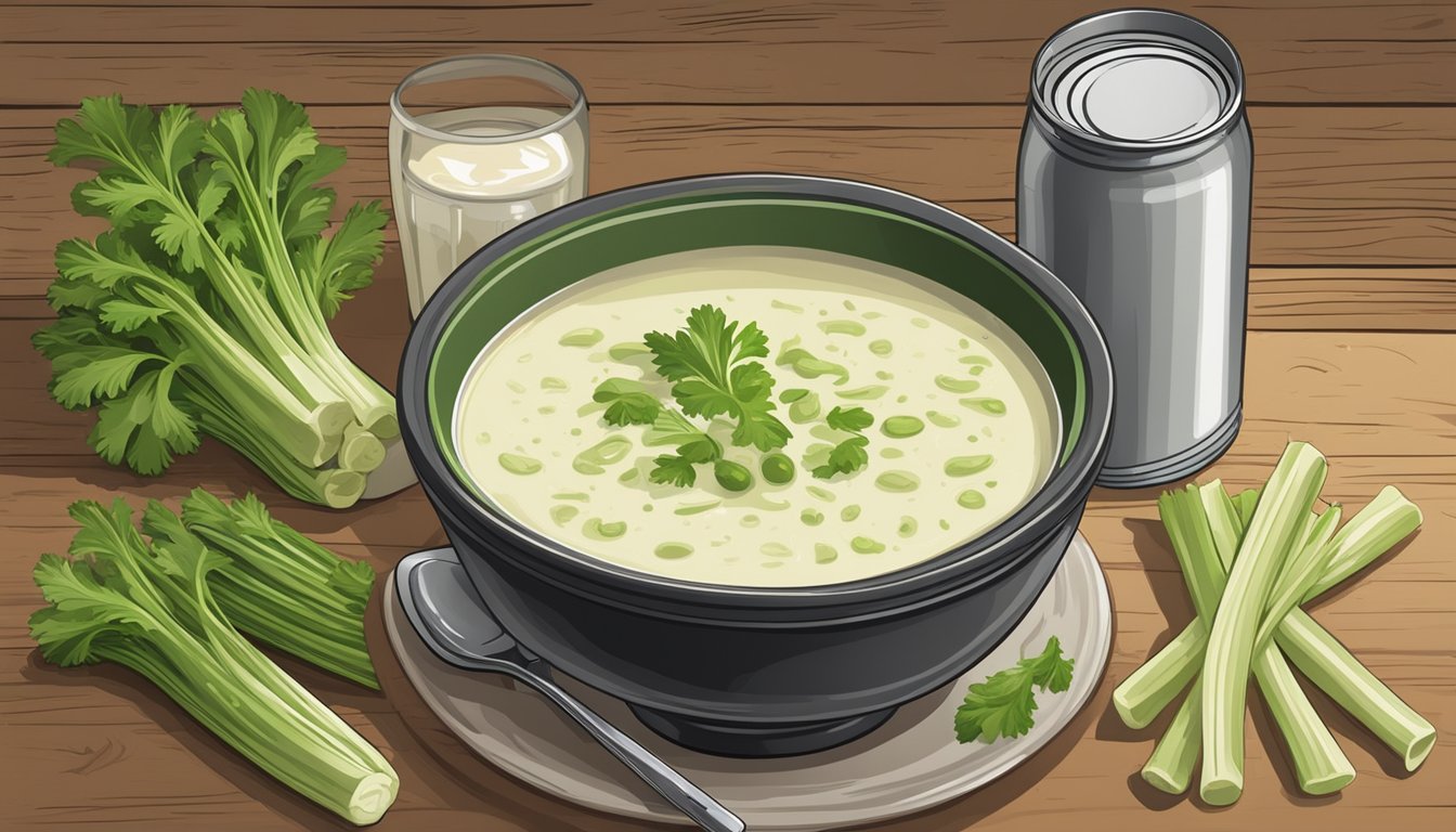 A steaming bowl of cream of celery soup sits on a rustic wooden table, surrounded by fresh celery stalks and a can of soup with a prominent expiration date