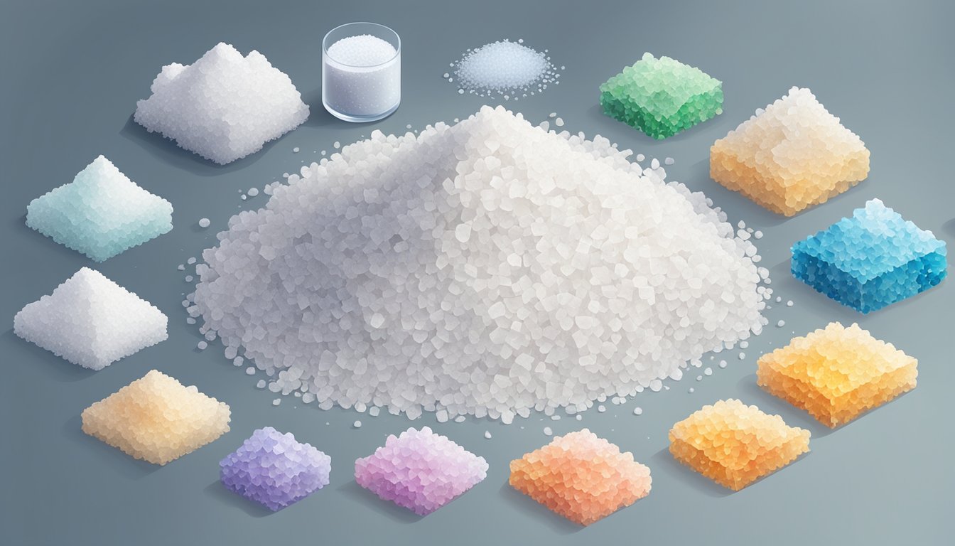 A pile of salt crystals with a chemical composition chart and properties list beside it