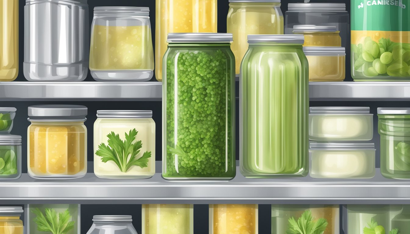 An open can of expired cream of celery soup surrounded by various preservation methods such as refrigeration, freezing, and canning equipment