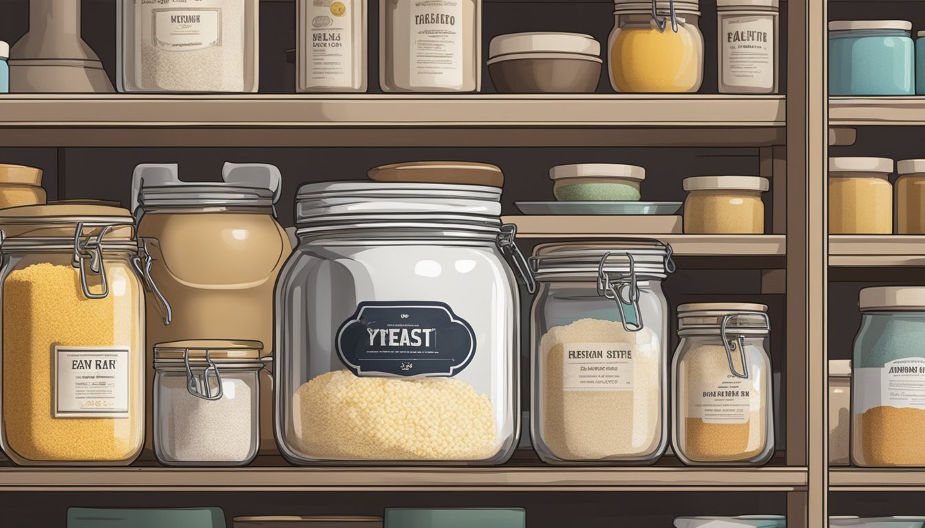 A glass jar of fresh yeast sits on a shelf, surrounded by other baking ingredients. The label on the jar indicates the expiration date