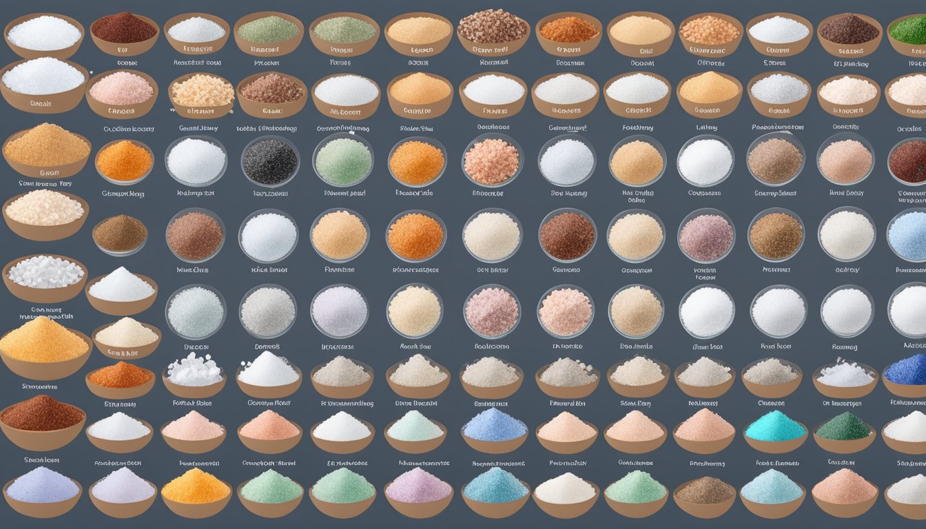 Various types of salt (table salt, sea salt, Himalayan salt) arranged in rows, each labeled with its unique properties