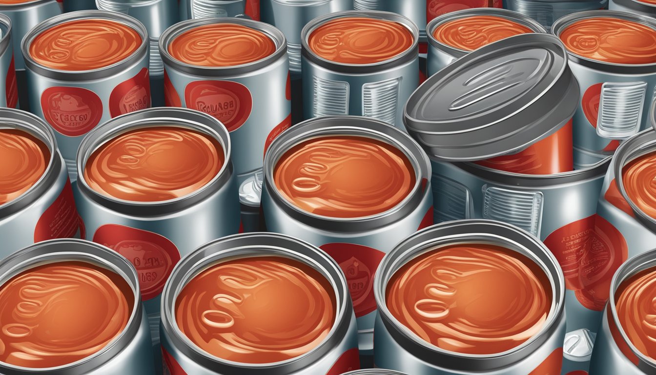 A row of canned tomato puree with varying expiration dates, some bulging cans indicating spoilage