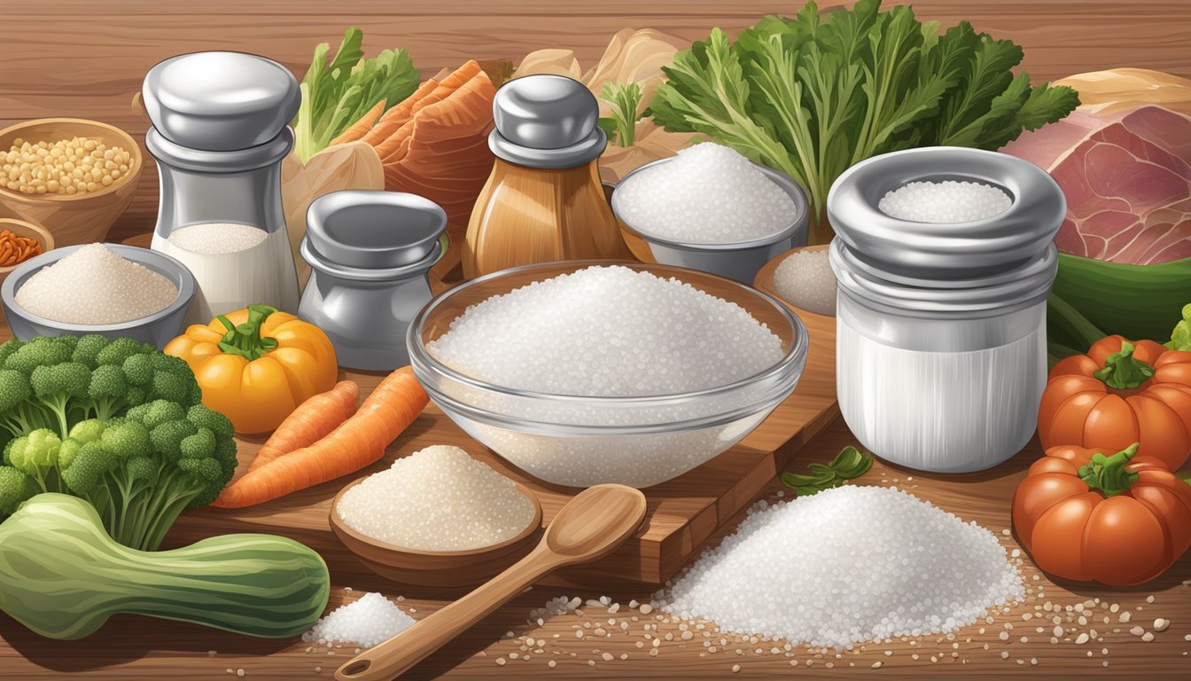 A salt shaker with a pile of salt spilling out onto a wooden table, surrounded by various food items such as vegetables and meats