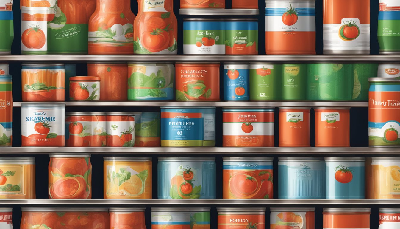 A pantry shelf with canned tomato puree, some cans expired