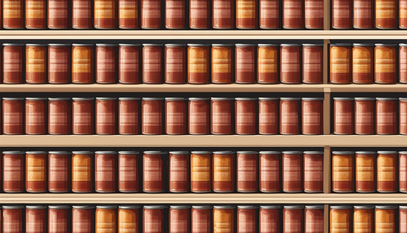 A pantry shelf with rows of canned tomato puree, some with expiration dates