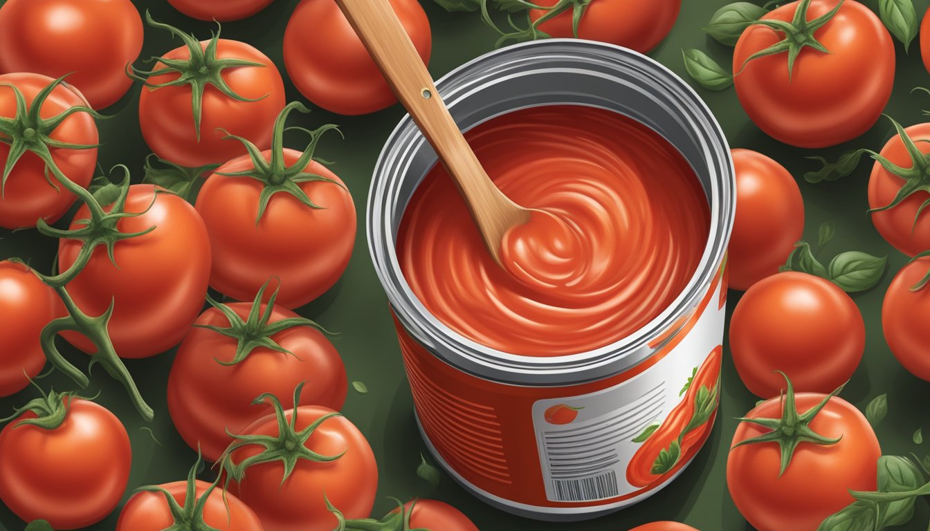 An open can of tomato puree with visible signs of spoilage