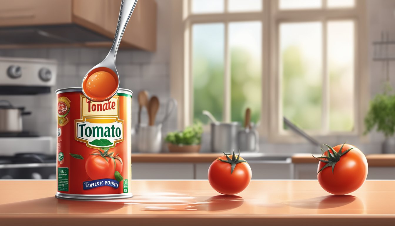 An open can of tomato puree sits on a kitchen counter. A spoon is scooping out the contents, with a few drops spilling over the edge