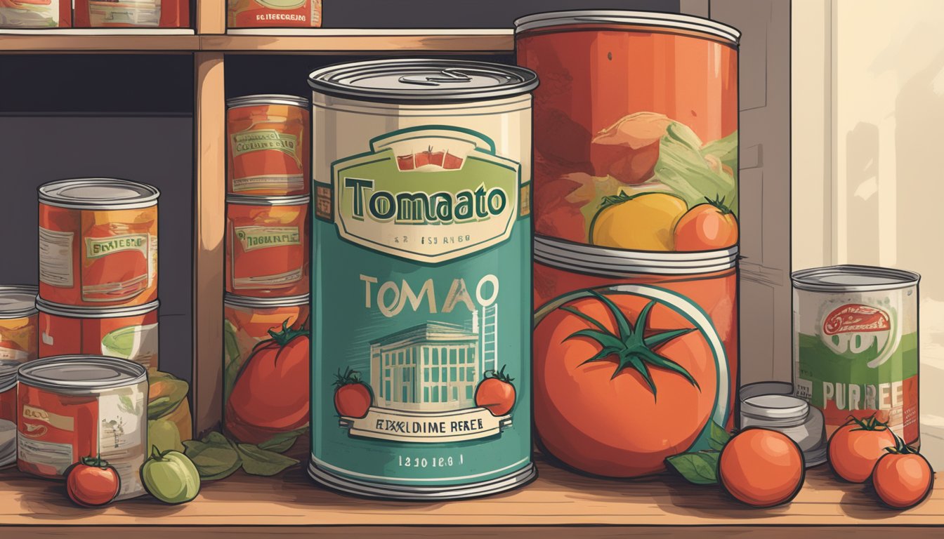 A can of tomato puree sits on a shelf, surrounded by various expired food items. The label on the can is faded and peeling