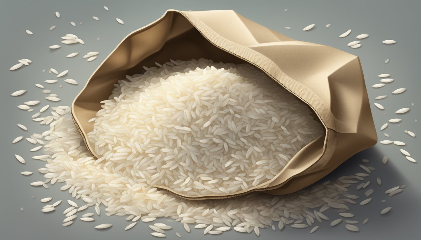 A bag of rice with visible expiration date, surrounded by moldy rice grains