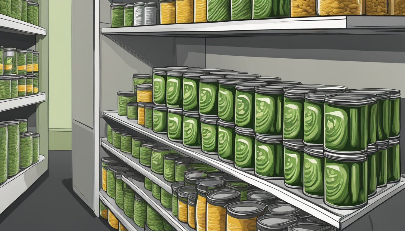 Canned green beans arranged neatly on shelves in a cool, dry pantry with expiration dates clearly visible