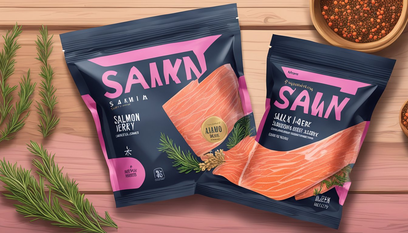 A package of salmon jerky sits on a rustic wooden table, surrounded by dried herbs and spices. The jerky is sealed in a clear plastic pouch, with the vibrant pink color of the salmon visible through the packaging