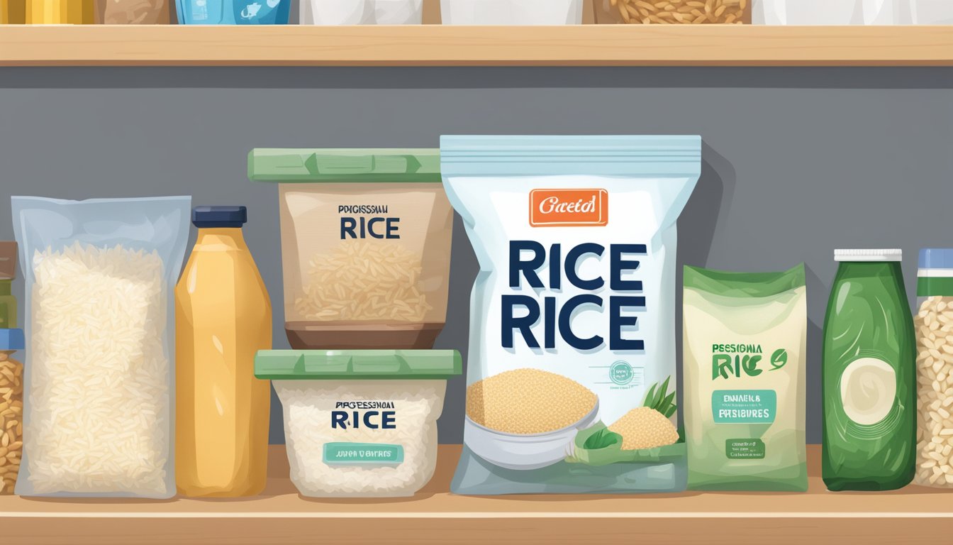 A sealed bag of rice sits on a shelf, surrounded by pantry staples. A small container of rice sits in the fridge