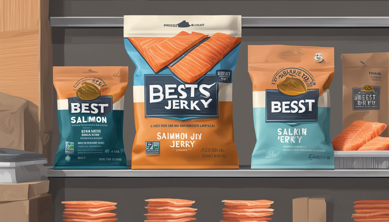 A package of salmon jerky sits on a shelf next to a "best by" date. Some pieces are starting to show signs of spoilage with a change in color and texture