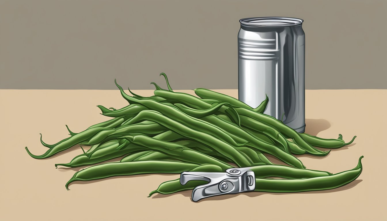 A pile of green beans with wrinkled skins and wilted stems, sitting next to a can opener and a half-empty can of green beans