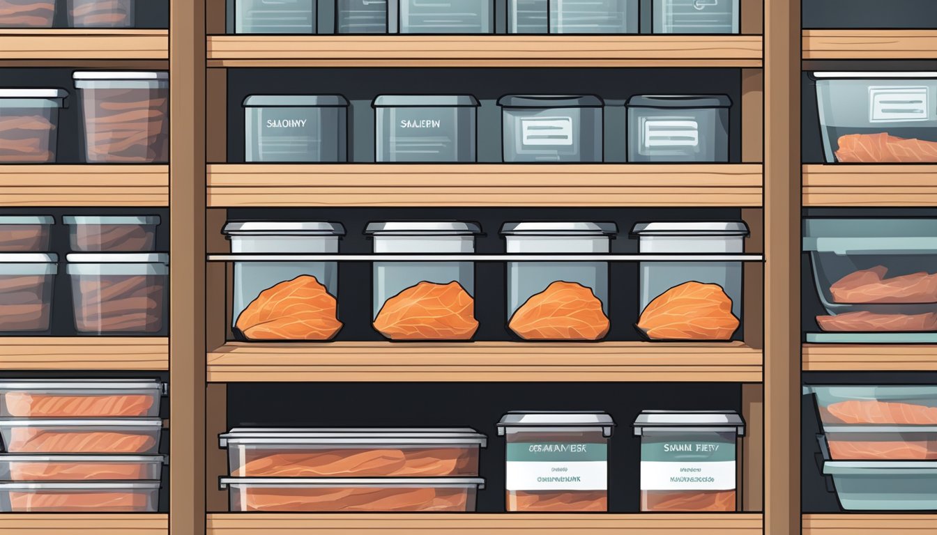 A pack of salmon jerky sits on a shelf in a well-organized pantry with labeled storage containers and neatly arranged shelves