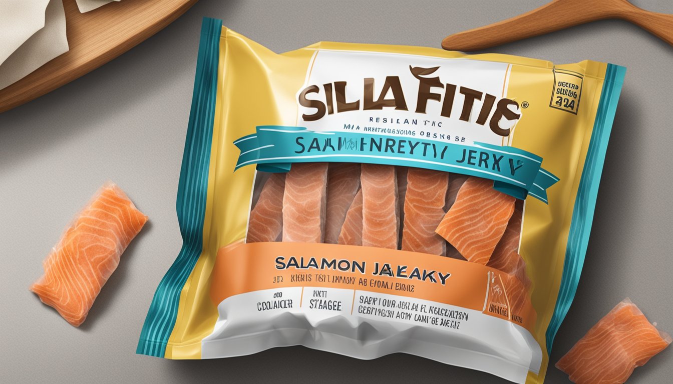 A package of salmon jerky sits on a clean, organized kitchen counter, with a visible expiration date and a label indicating proper storage