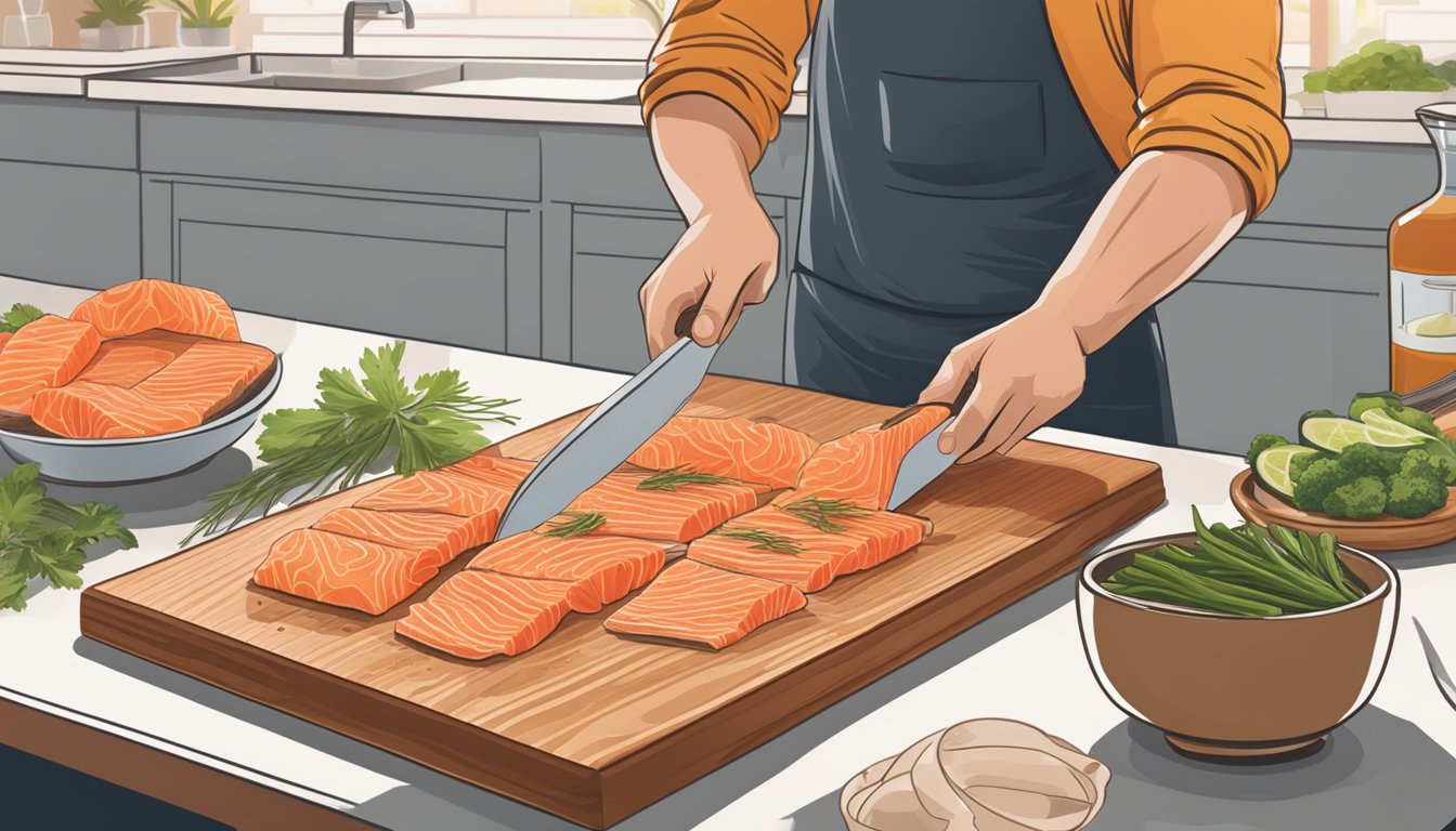 A person slicing raw salmon into thin strips on a wooden cutting board, with a bowl of marinade and a dehydrator in the background