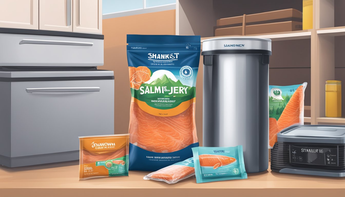 A vacuum-sealed package of salmon jerky sits on a shelf next to a dehumidifier and a temperature-controlled storage container