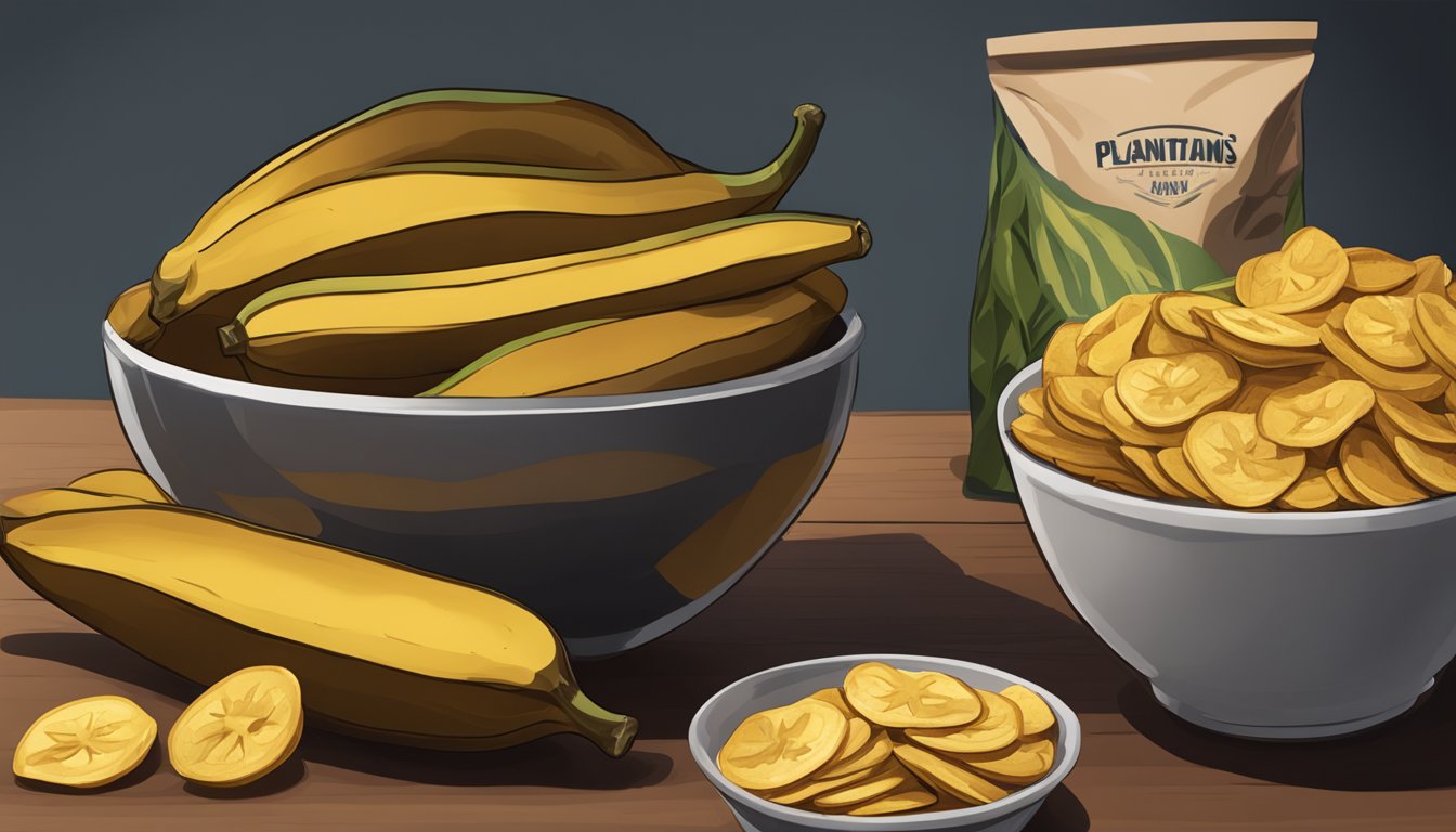 A bowl of ripe plantains with some starting to brown, next to a bag of plantain chips, some of which are starting to go stale