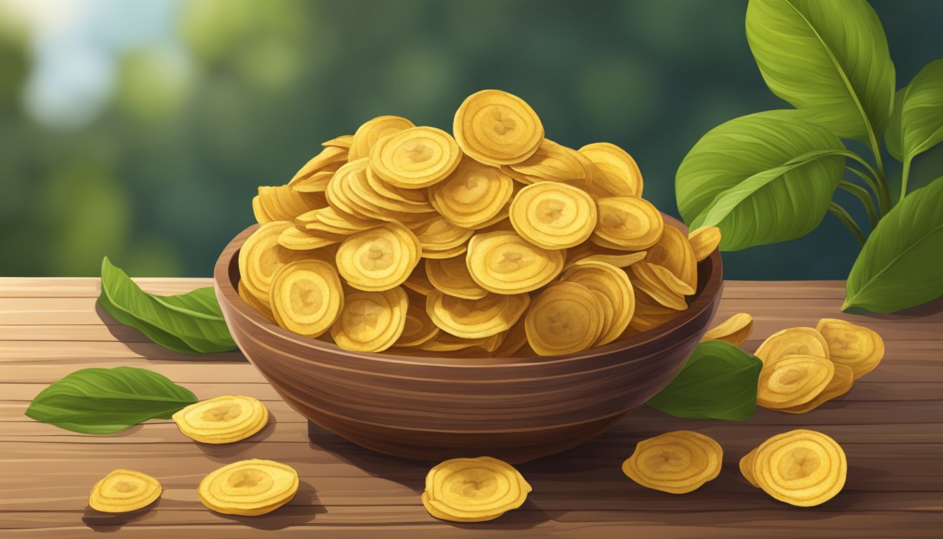 A bowl of plantain chips sits on a wooden table, surrounded by ripe plantains and green leaves