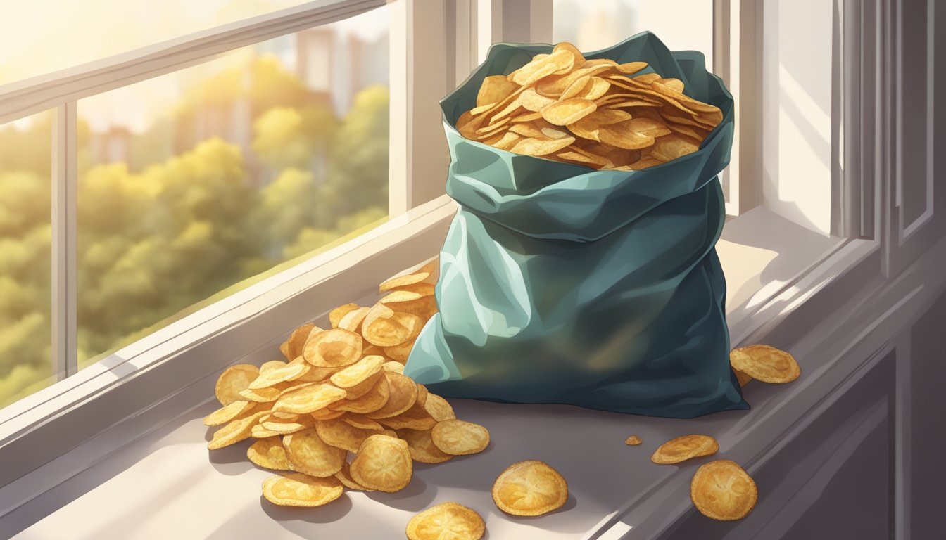 A pile of moldy and discolored plantain chips sits in an open bag next to a window with sunlight streaming in