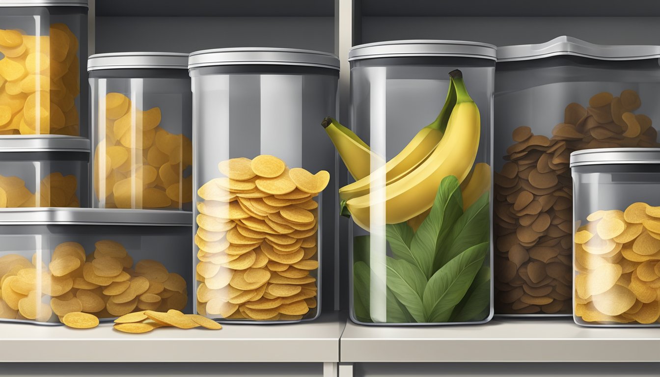 Airtight container with plantain chips, stored in a cool, dry pantry