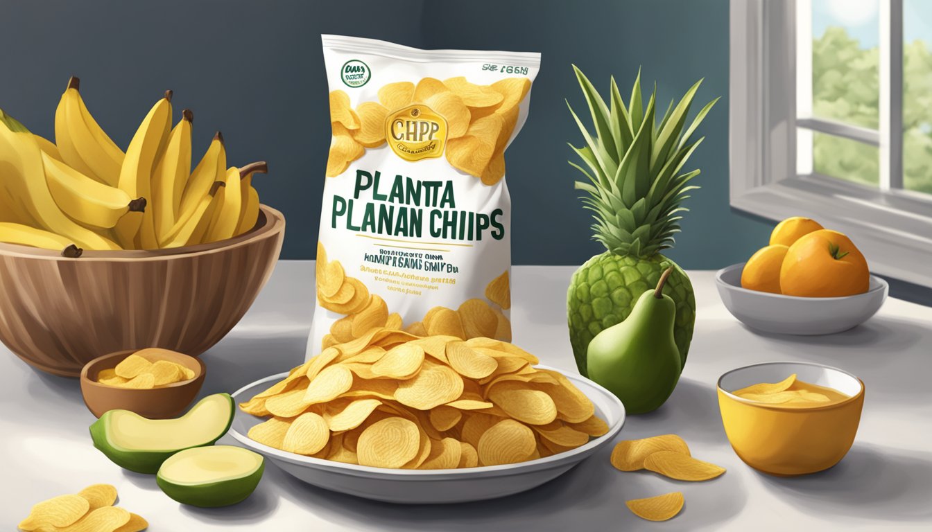 A bag of plantain chips sits on a kitchen counter, surrounded by fresh fruit and a bowl of dip. The chips are starting to show signs of browning and softening