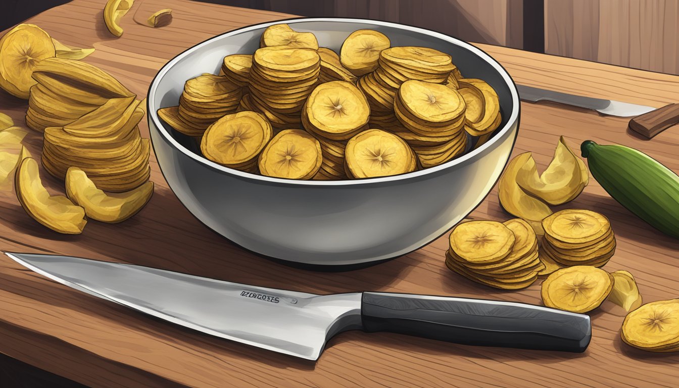 A bowl of plantain chips on a wooden cutting board with a knife and fresh plantains in the background