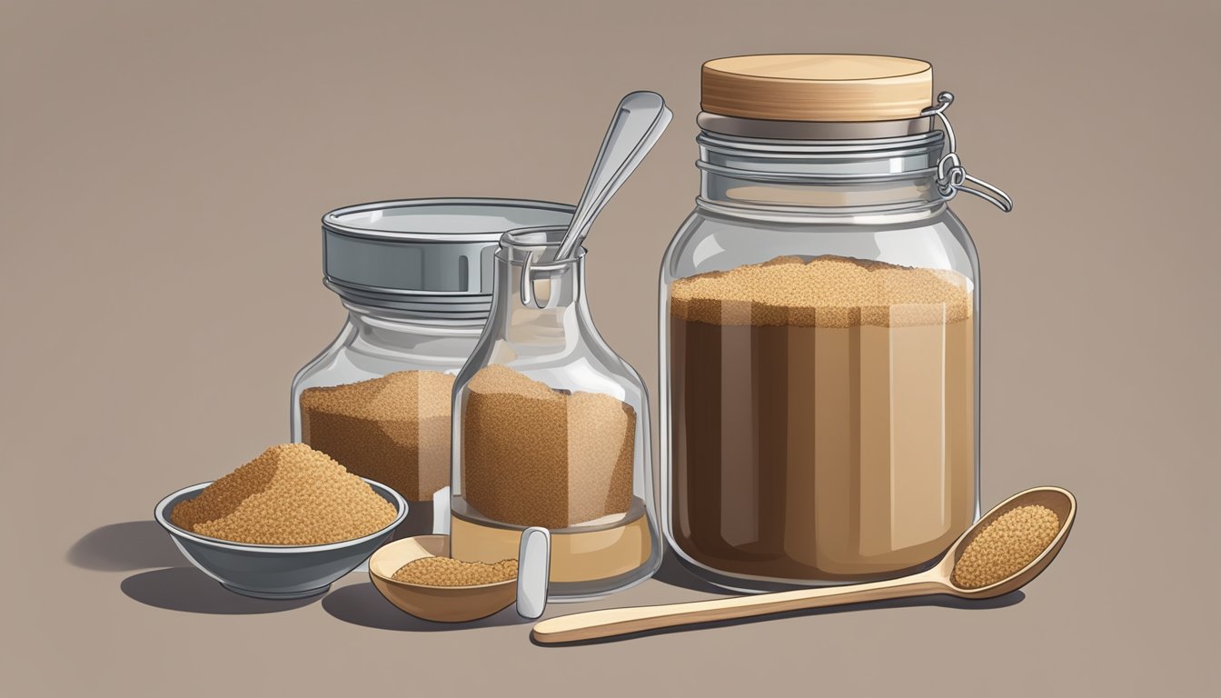 A jar of brown sugar sits on a kitchen counter, surrounded by measuring cups and spoons. The lid is slightly ajar, hinting at recent use