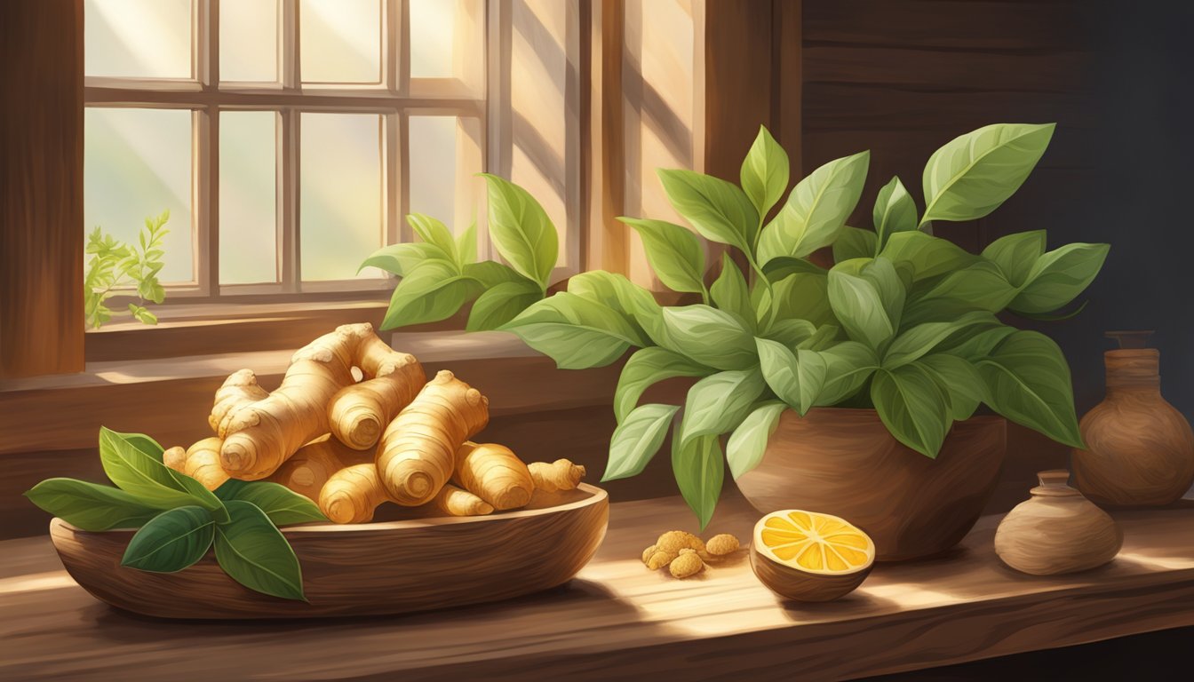 A fresh ginger root sits on a rustic wooden shelf surrounded by other spices and herbs. The warm sunlight streams in through a nearby window, casting a soft glow on the ginger