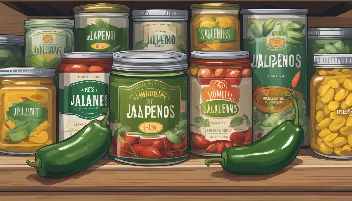 A jar of canned jalapeños sits on a shelf, surrounded by other preserved foods. The label is slightly worn, hinting at its age