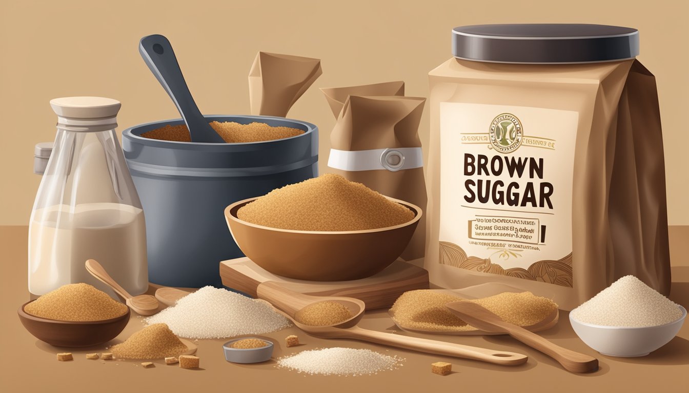 A close-up of a half-opened bag of brown sugar with visible expiration date, surrounded by various kitchen utensils and ingredients