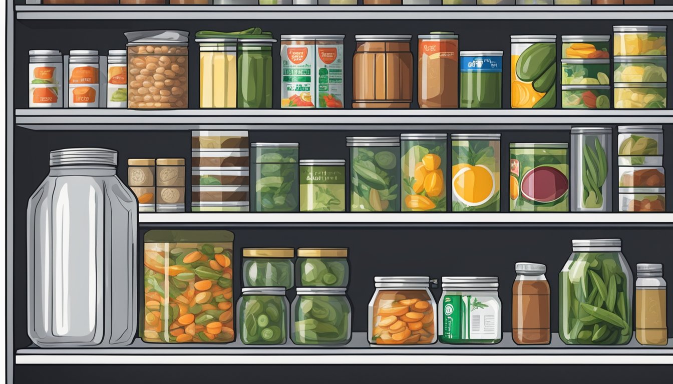 A pantry shelf with various canned goods, including a can of jalapeños, arranged neatly with expiration dates visible