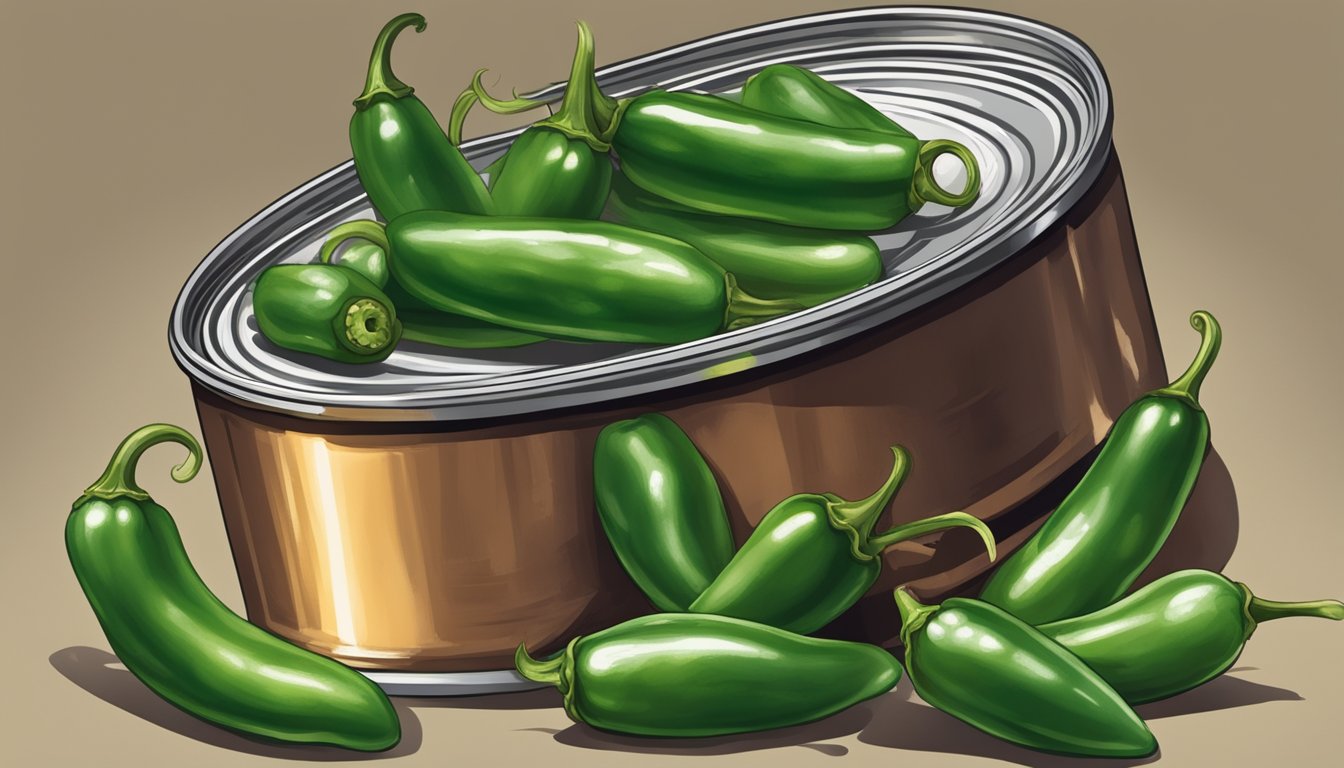 A bulging, dented can of jalapeños with a foul odor and discolored liquid seeping out