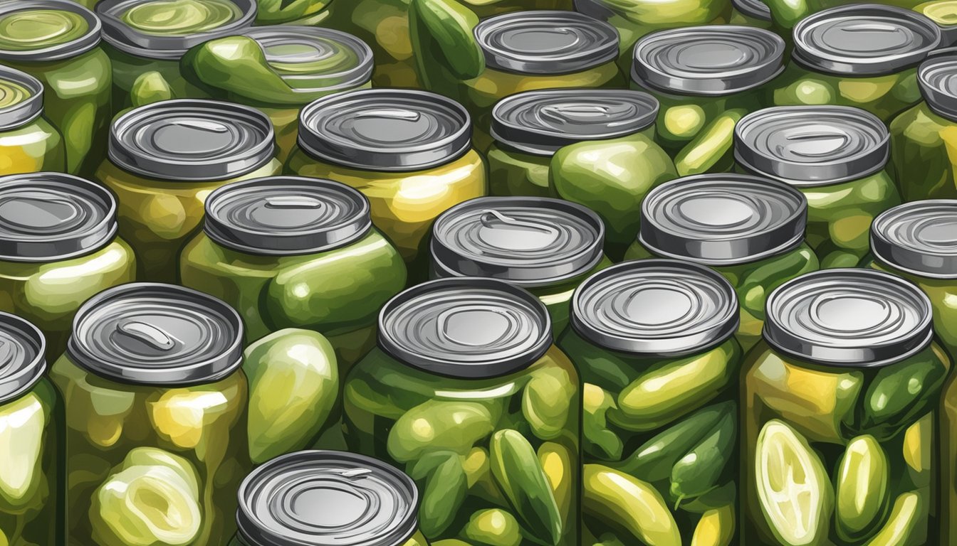 Several canned jalapeños are shown with bulging lids and discolored liquid, indicating spoilage due to improper storage