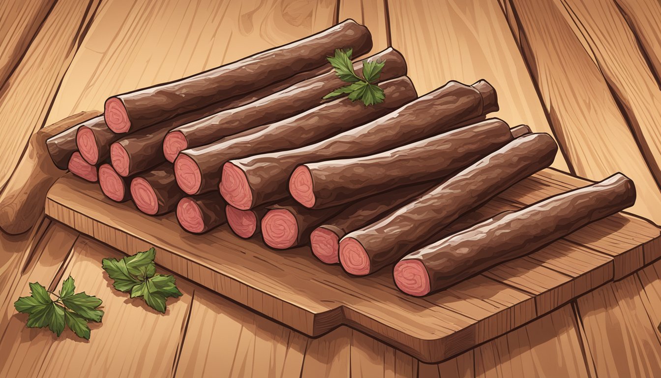 A pile of beef sticks on a wooden cutting board, with some sticks partially unwrapped and others still in their packaging