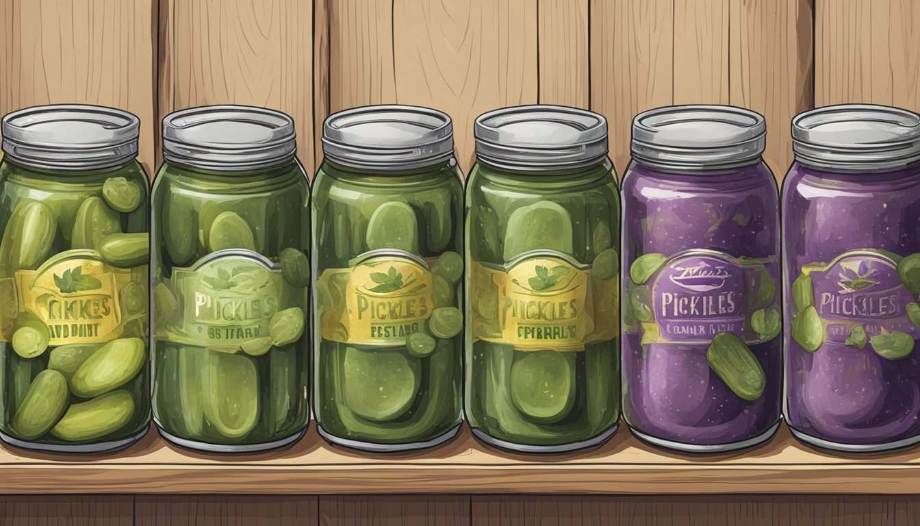 A row of dusty, expired canned pickles sits on a forgotten shelf in the back of a pantry