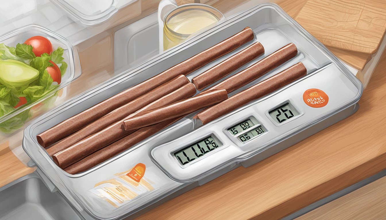 A package of beef sticks sits on a clean, organized kitchen counter, with a visible expiration date and a thermometer indicating safe temperature