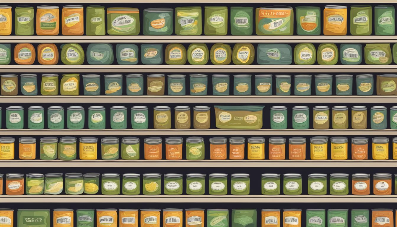 A pantry shelf with neatly organized rows of canned pickles, labeled with expiration dates