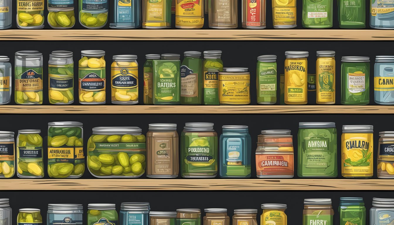 A pantry shelf with expired canned pickles, surrounded by caution signs and warning labels