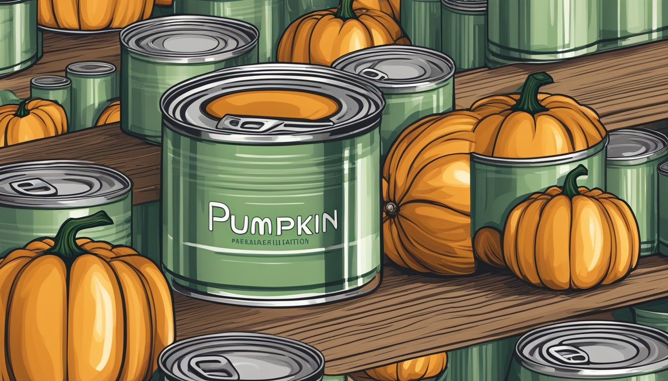 A can of pumpkin sits on a shelf, surrounded by other canned goods. The label is clean and undamaged, with no signs of wear or tear