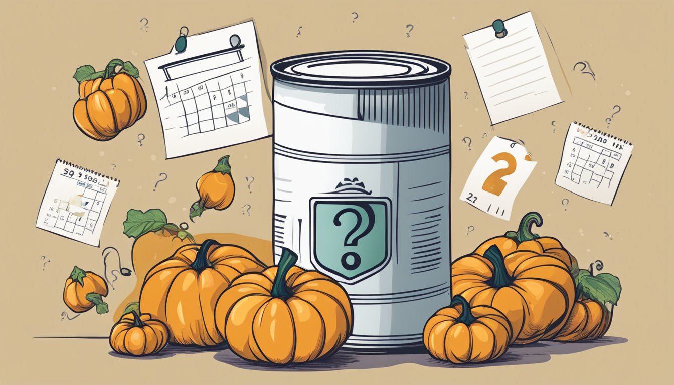 A can of pumpkin surrounded by question marks, with a calendar showing an expiration date in the background