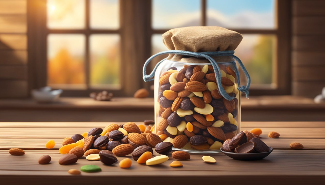 A bag of trail mix sits on a rustic wooden table, surrounded by scattered nuts, dried fruits, and chocolate pieces. The sunlight streams in through a nearby window, casting a warm glow over the scene