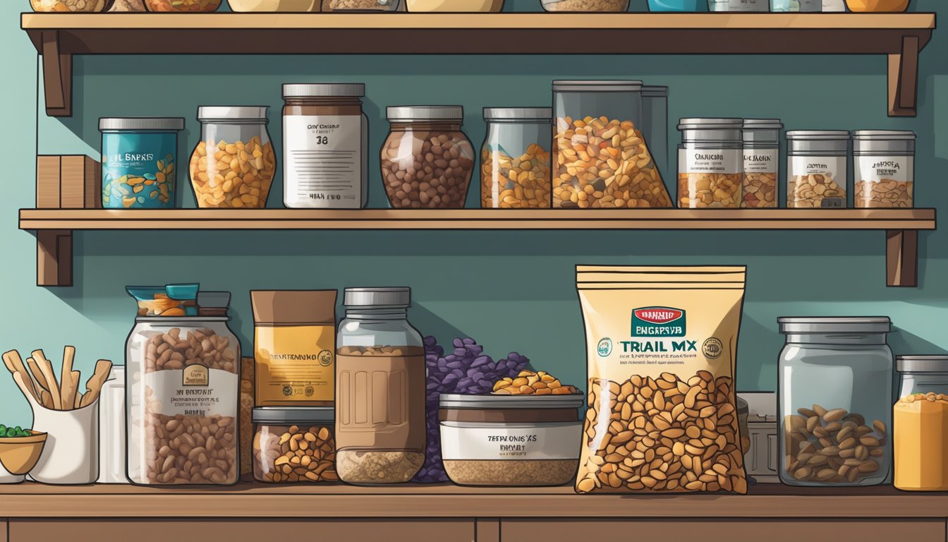 A bag of trail mix sits on a kitchen shelf, surrounded by other snacks and ingredients. The expiration date on the packaging is clearly visible