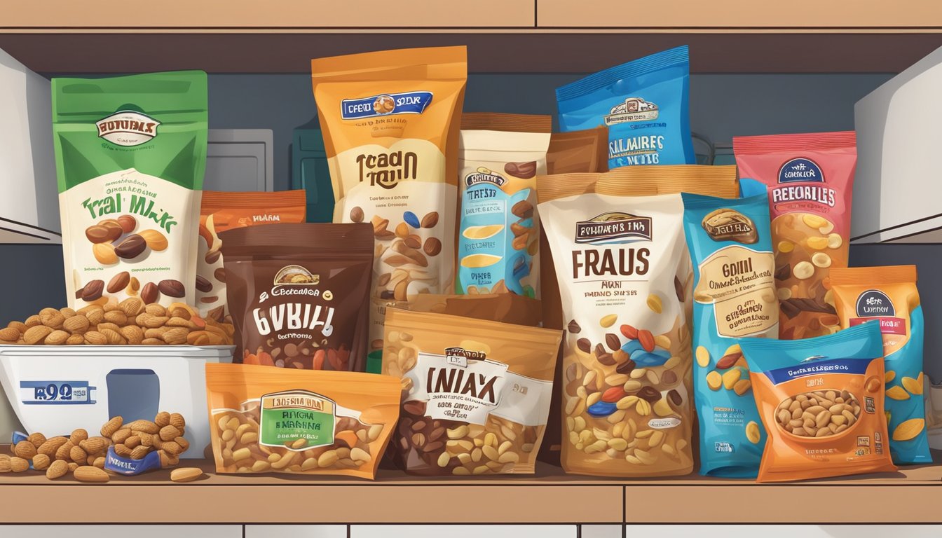 A bag of trail mix sits on a pantry shelf, surrounded by other snacks and food items. The expiration date on the package is clearly visible