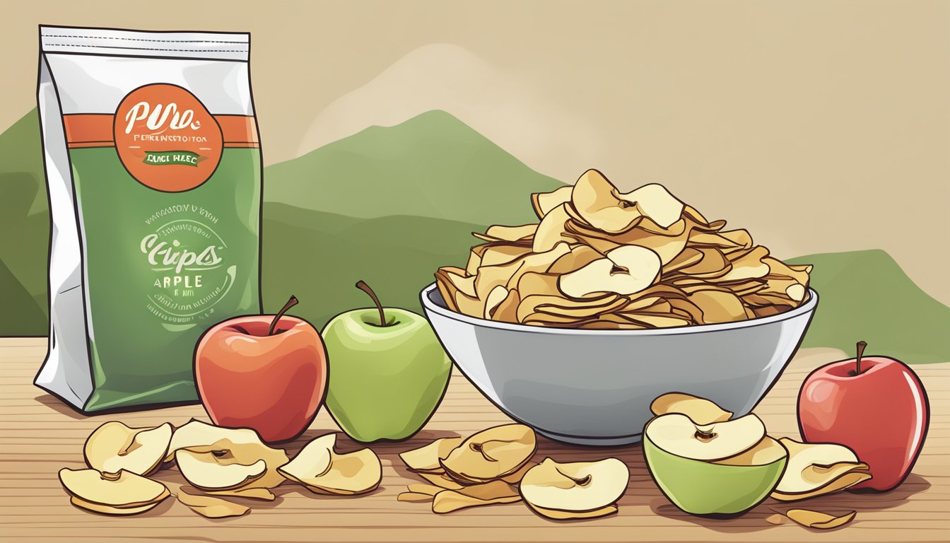 A bowl of fresh apple chips sits next to a bag of whole apples, with a few chips scattered on the table